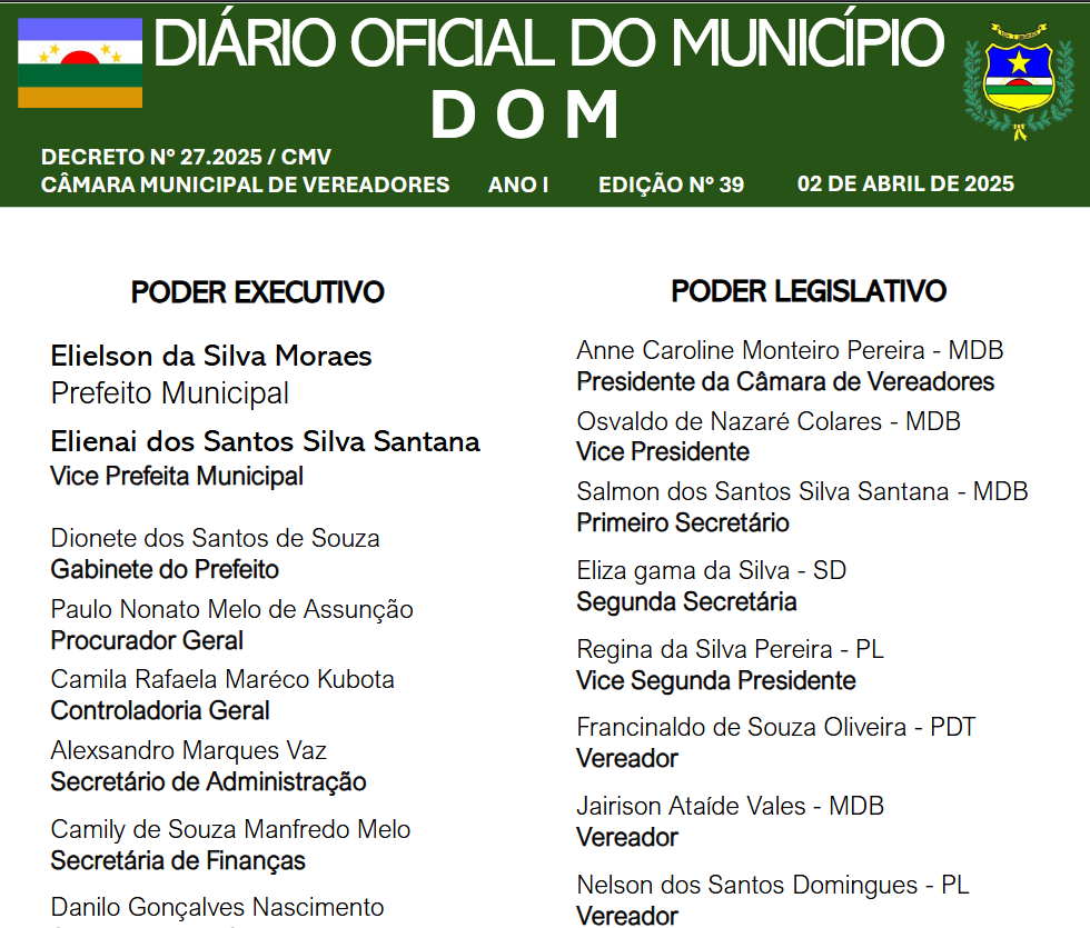 DIÁRIO OFICIAL - EDIÇÃO N° 39 - 02 DE ABRIL DE 2025